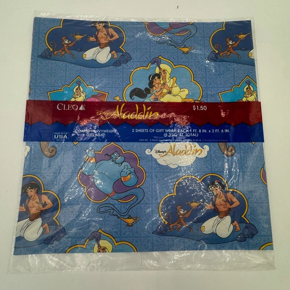 Vintage Disney Aladdin Gift Wrap Cleo 2 Sheets Blue Genie Jasmine Abu 1990s USA